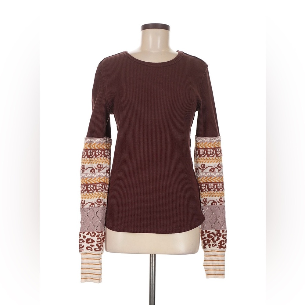 Free People Waffle knit top, Crochet Knitted Sleeves, all in cuff, brown, medium